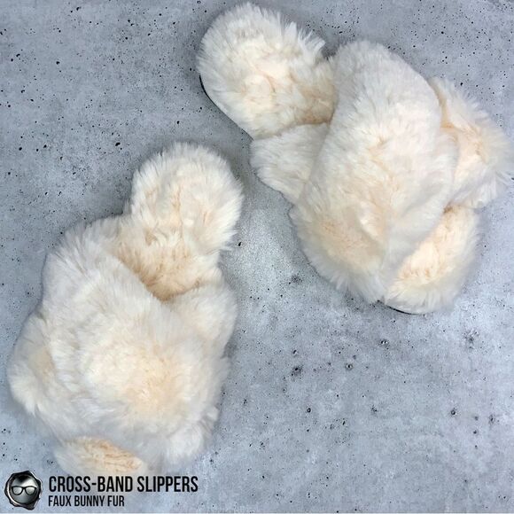 FUZZY FAUX BUNNY FUR CROSS BAND SLIPPERS IN IVORY NON-SLIP SIZE SMALL 5.5 - 6.5 - Picture 14 of 15